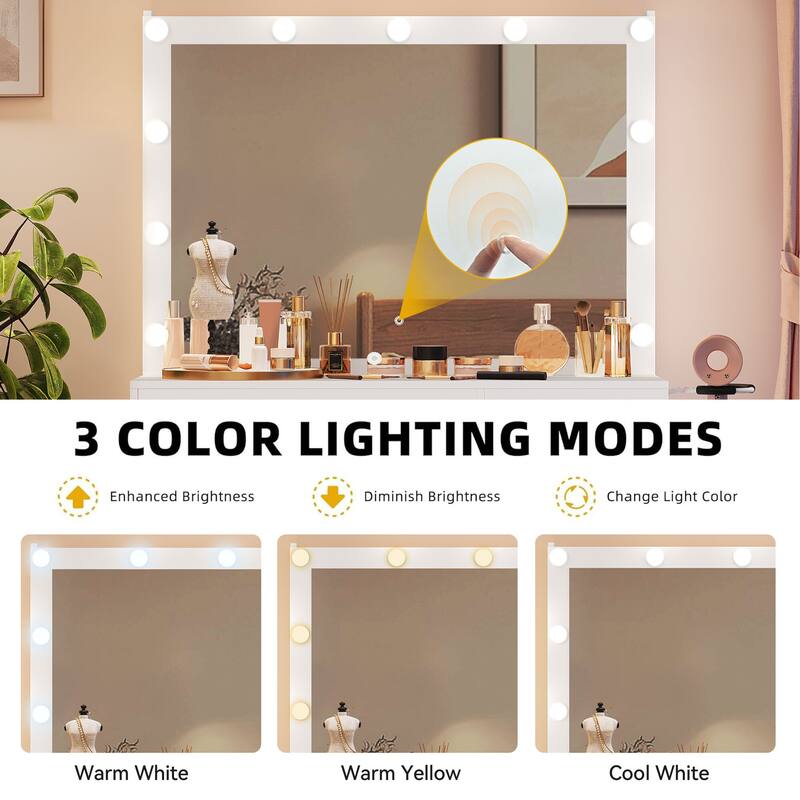 Moasis White Vanity Desk Set with Lighted Mirror Charging Station and 4 Large Drawers - 15.74"D x 35.43"W x 53.54"H