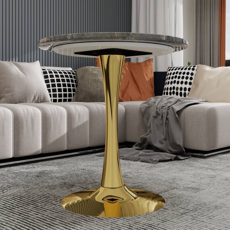 27.6" Mid-Century Modern Style Dining Table, Accommodates 2-4 People, Featuring A Round Dark Gray Textured Marble Tabletop