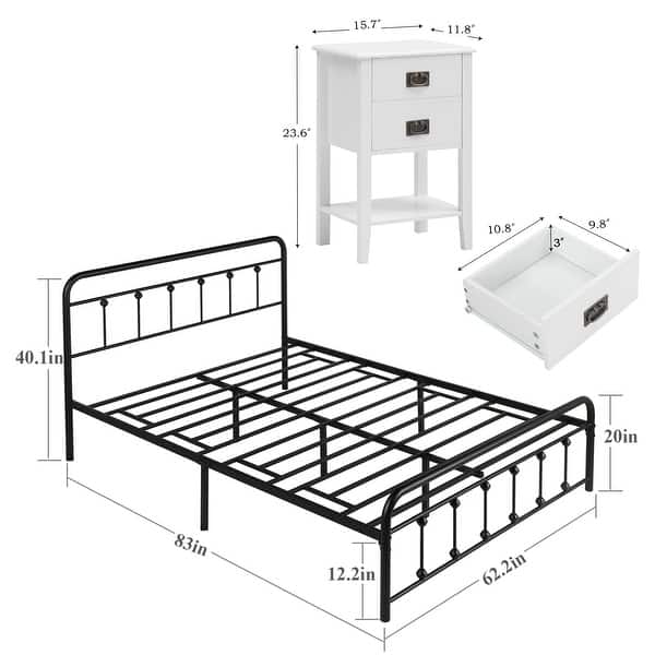 3-Pieces Bedroom Set Queen Size Black Platform Bed Frame and Wood ...
