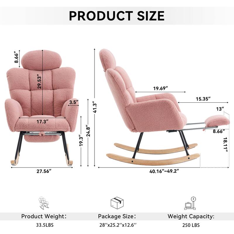 Teddy Fabric Upholstered Rocking Chair with Pillow and Footrest - Pink