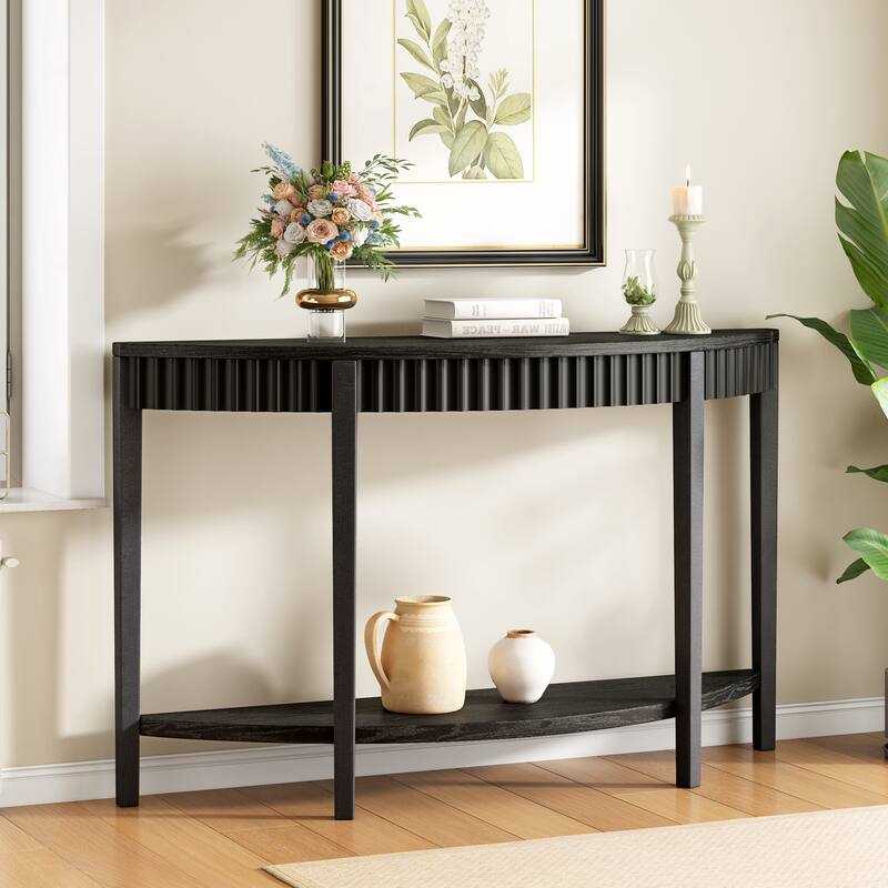 Half Moon Curved Console Table 55.1-Inch Wooden Entry Sofa Table Accent Table with Open Shelf for Living Room, Entryway
