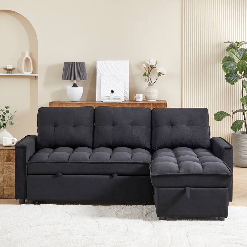 Futon Daybed Pull-Out Sofa Bed with USB and Tape-c, L-Shaped Sectional Sofa with Storage Chaise Lounge and Side Pocket