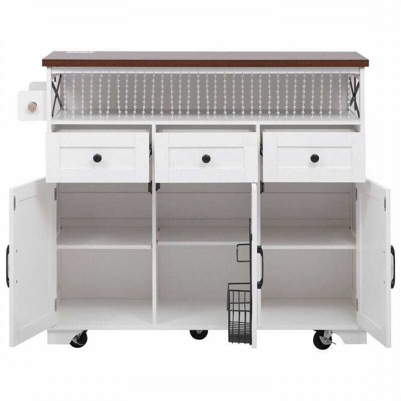 Farmhouse 46.5" Kitchen Island with Power Outlet, Rolling Kitchen Cart on Wheels with Drop Leaf