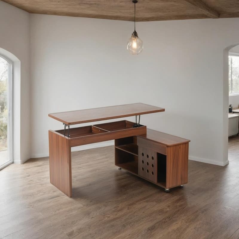 55.1"L Home Office L-Shaped Versatile Desk Height Adjustable Extendable Desk with Storage Drawers and Cabinet, Walnut