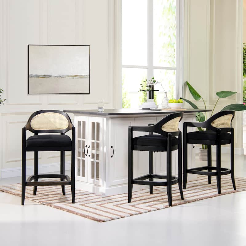 Americana Mid-Century Modern Rattan Cane Back Counter and Bar Stool - Single - Jet Black Polyester - Counter Height