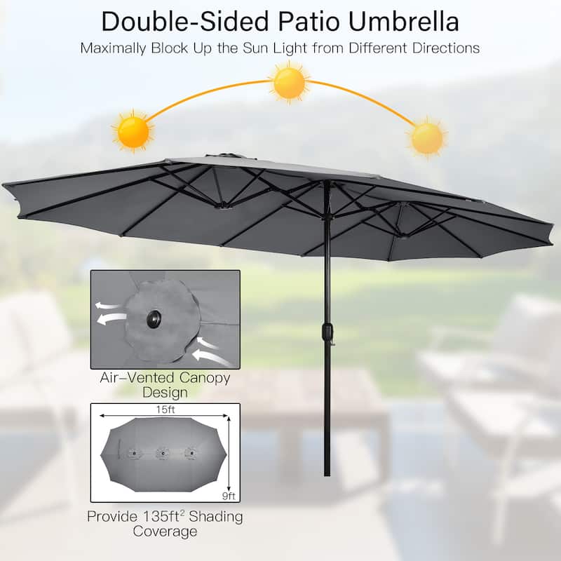 Costway 15FT Double-Sided Twin Patio Umbrella Outdoor Market W/ Crank