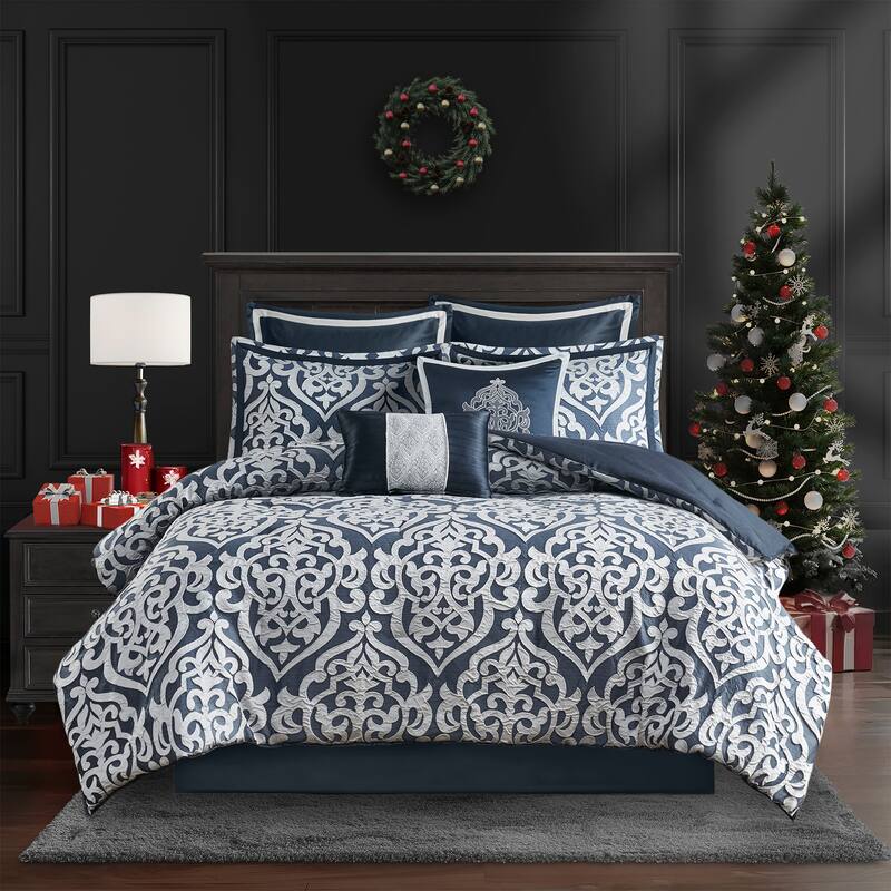 Madison Park Dillon 8 Piece Jacquard Comforter Set - Navy/Silver - Queen