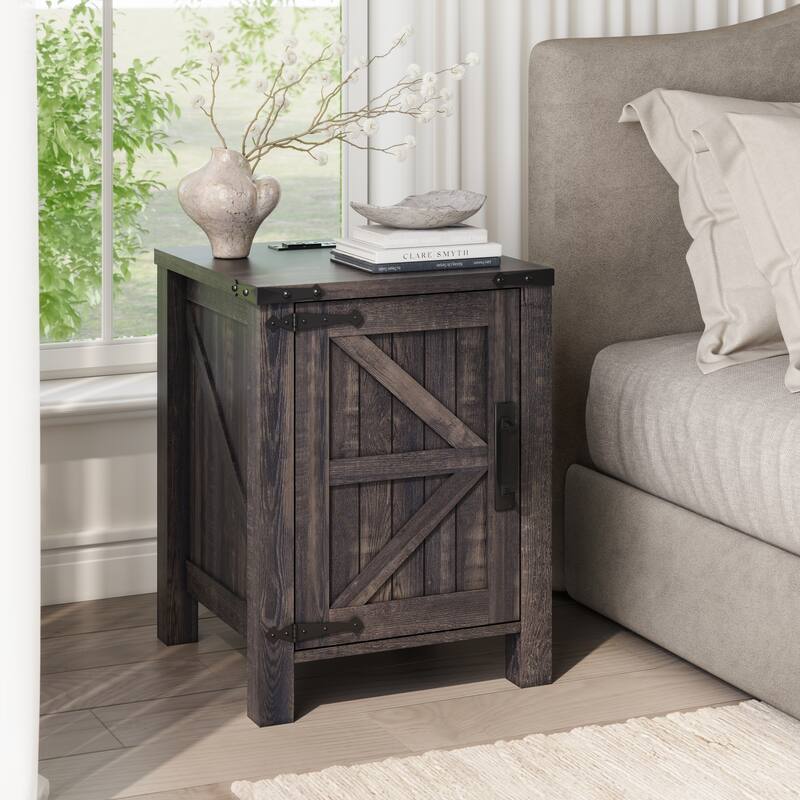 Farmhouse Nightstand with Charging Station, End Table with Barn Door - Black