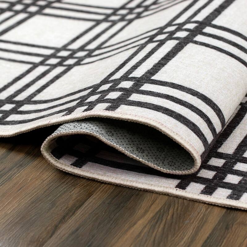 My Magic Carpet Machine Washable Area Rug Plaid Black And Cream