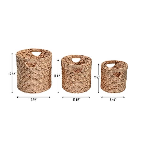 dimension image slide 1 of 2, Handwoven Hyacinth Cylinder Nesting Baskets with Handles (Set 3)
