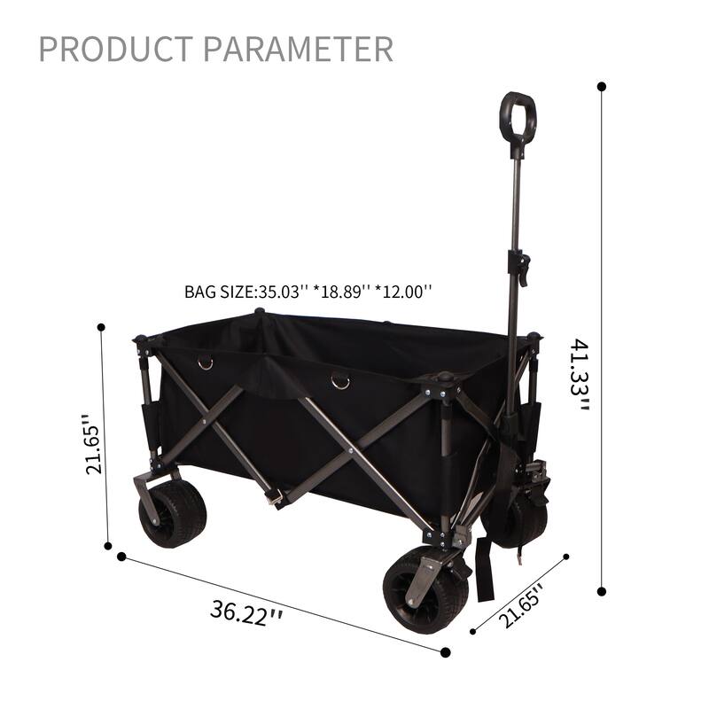 Folding Wagon, Heavy Duty Beach Cart for Sand with Big Wheels, Adjustable Handle&Drink Holders for Shopping, Camping and Outdoor