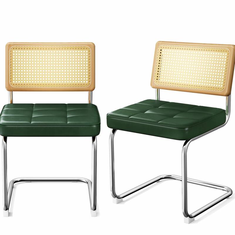 Mid-Century Modern Chairs Set - Faux Leather & Rattan - Green - Set of 2
