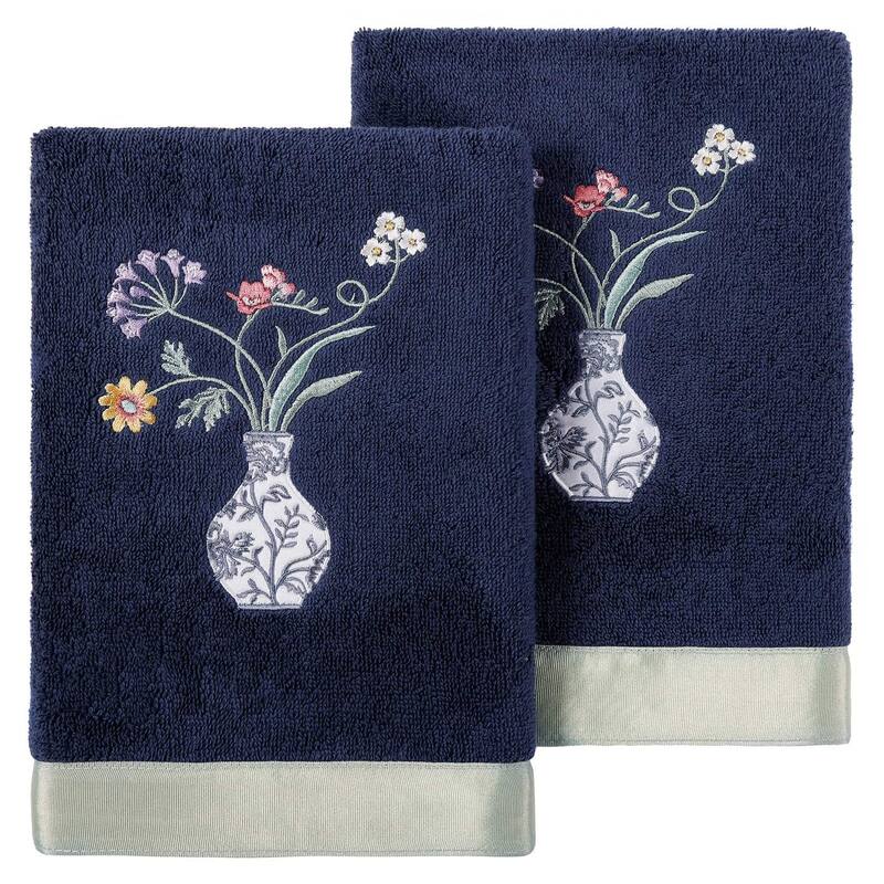 Authentic Hotel and Spa 100% Turkish Cotton Stella 2PC Embellished Hand Towel Set - Marine