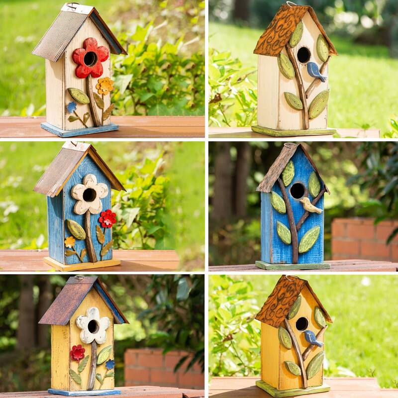 Glitzhome 10"H Multicolor Cute Distressed Solid Wood Birdhouse with 3D Flowers