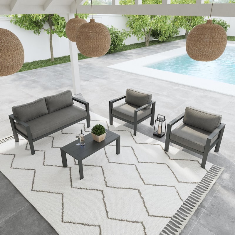 Grayton Gray Aluminum Outdoor Aluminum Loveseat with Lounge Chairs and Coffee Table - 61" x 26" x 29" - 61" x 26" x 29" - Gray