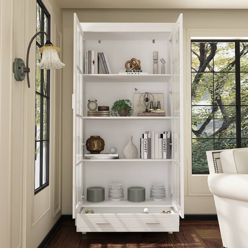 Bookcase Storage Cabinet with Glass Door& Drawer Display Cabinet White