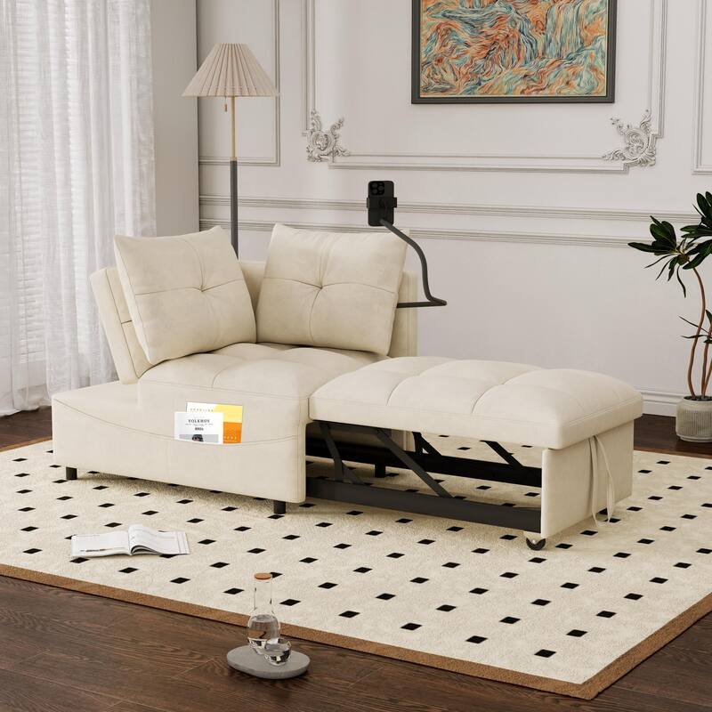 Velvet Pull-Out Bed Loveseat Sofa, Adjustable Back Tufted Futon Sofa with USB port and swivel Phone Stand, Pockets - Beige