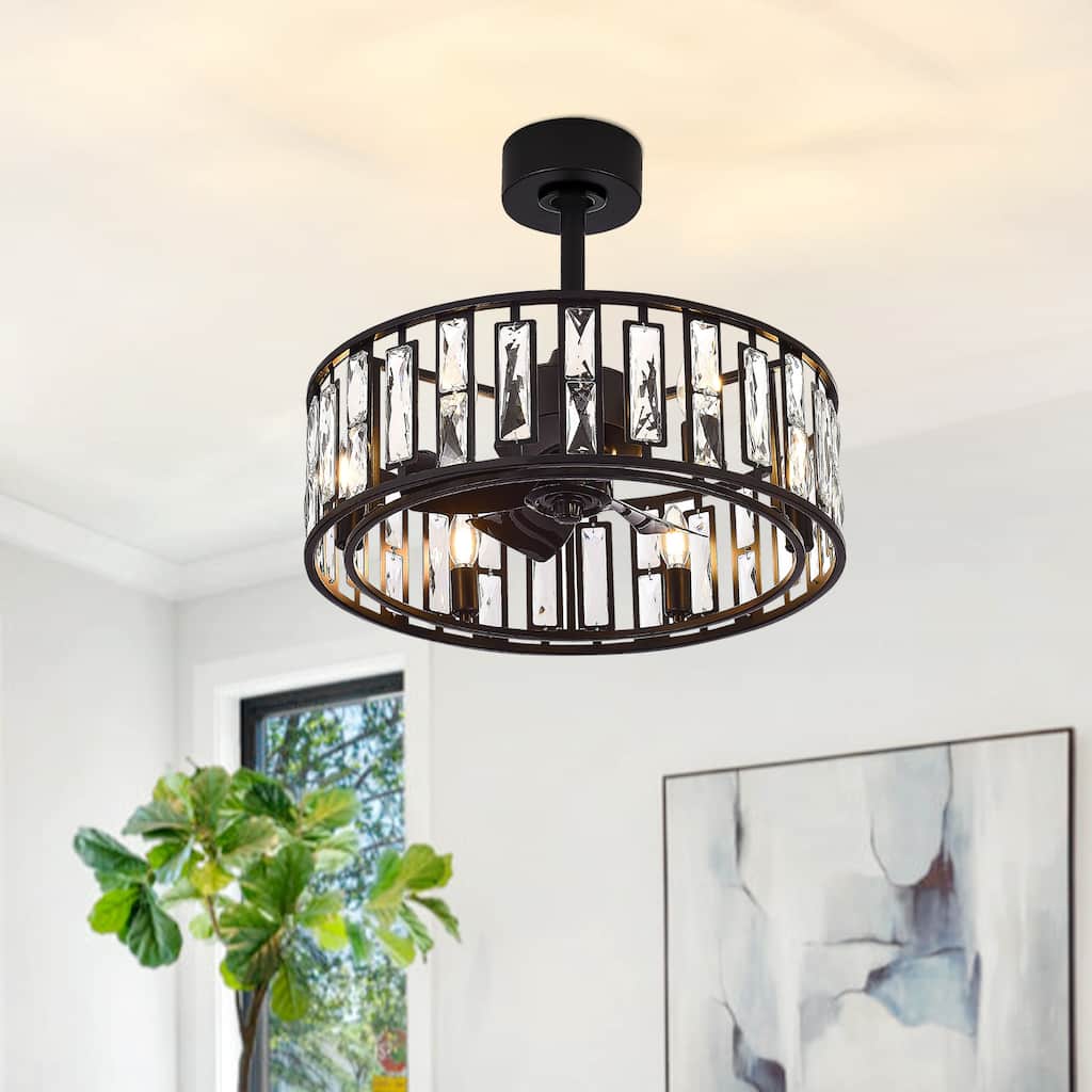 20" Caged Ceiling Fan with Crystal Light Remote Control, Bladeless Chandelier