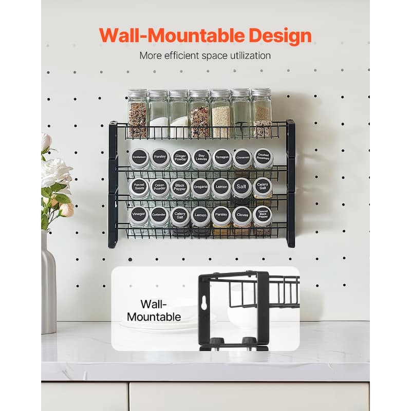 Black Steel 4-Tier Adjustable Spice Rack with Stackable Design and Wall Mount - 4 Tier-Only Spice Rack