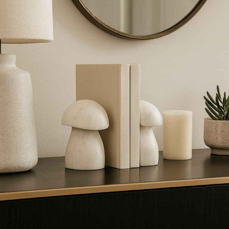Decorative Marble Mushroom Bookends - Set of 2, 6", White - 6.0" - White - 6.0"