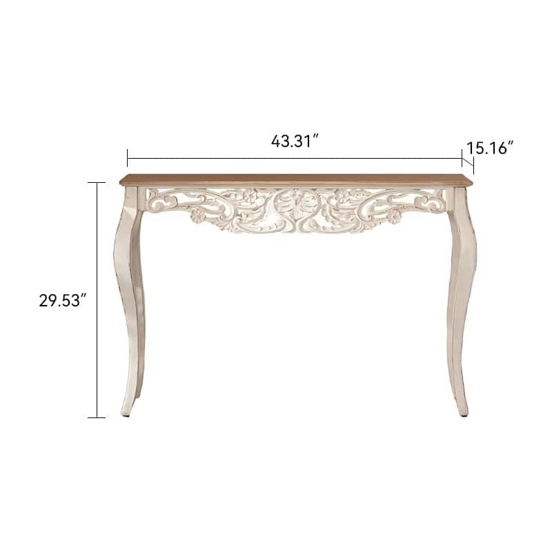 Antique White Console Table with Carved Details, Distressed Console Table, Vintage French Country Entry Table with Curved Legs