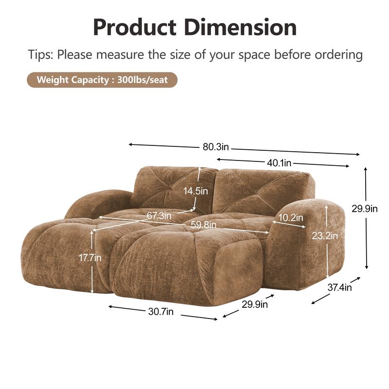 U-shaped Boneless Sofa, Soft Velvet Fabric, Tufted Design, 32D High Density Sponge, No Assembly Required