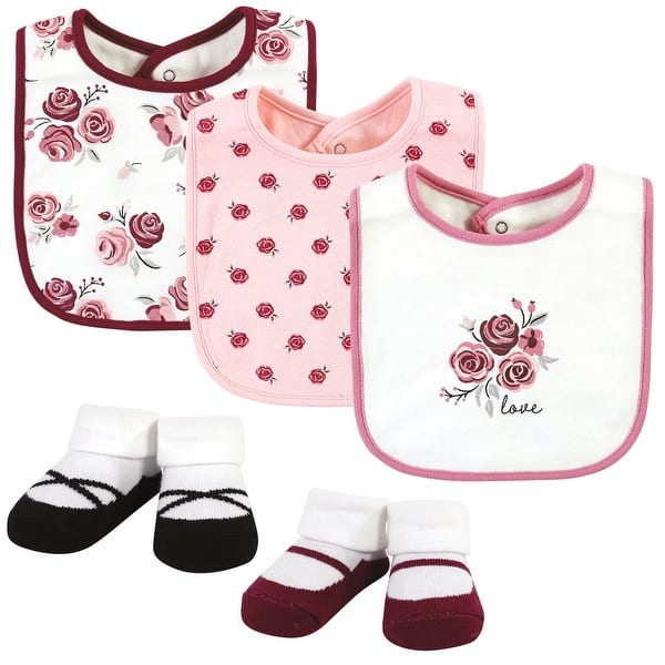 slide 1 of 1, Hudson Baby Infant Girl Cotton Bib and Sock Set, Rose, One Size - Rose - One Size One Size - Rose