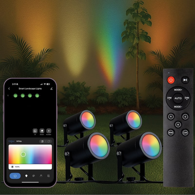 RGBWW Smart Outdoor Spotlights 4-Pack 48ft IP65 LED Lights Alexa Remote App - String Lights