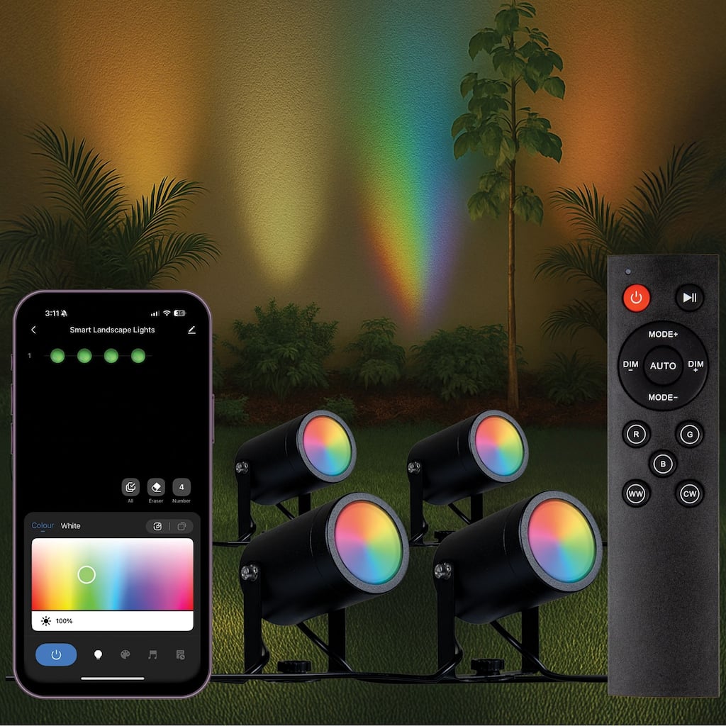 RGBWW Smart Outdoor Spotlights 4-Pack 48ft IP65 LED Lights Alexa Remote App