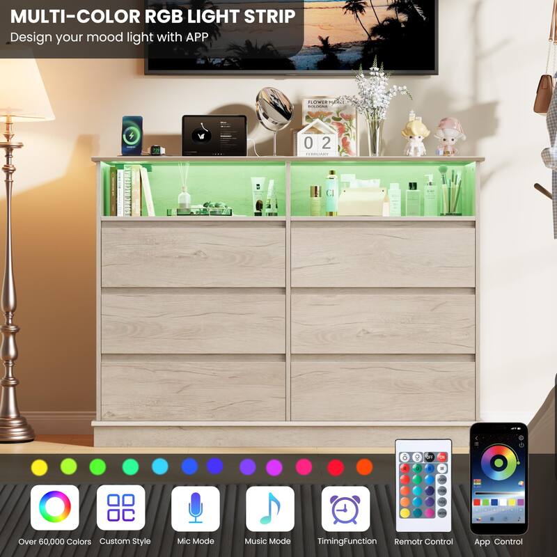 6 Drawer Dresser with LED Lights & Charging Station, Modern Chest of Drawers with Open Shelf