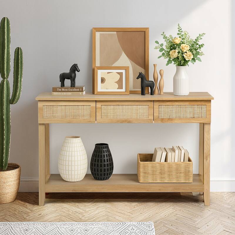 Natural Wood MDF Rattan Inspired Console Table with 3 Drawers and Shelf - 51.2 x 11.8 x 32 in