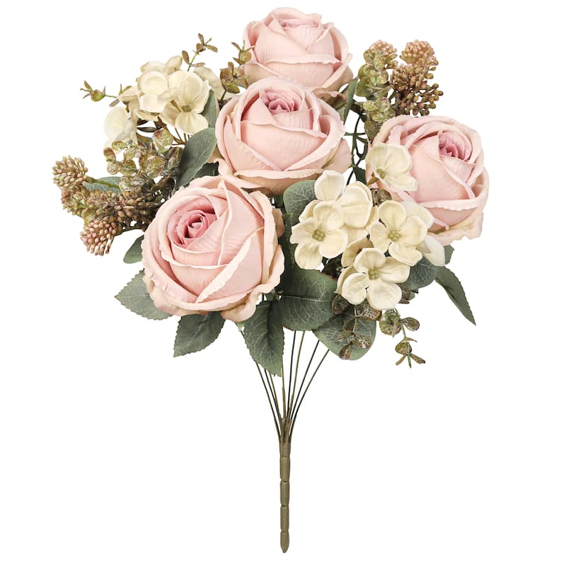 Set of 2 Blush Ivory Artificial Mixed Rose Hydrangea Berry Flower Stem Bush Bouquet 19in - 19" L x 10" W x 10" DP