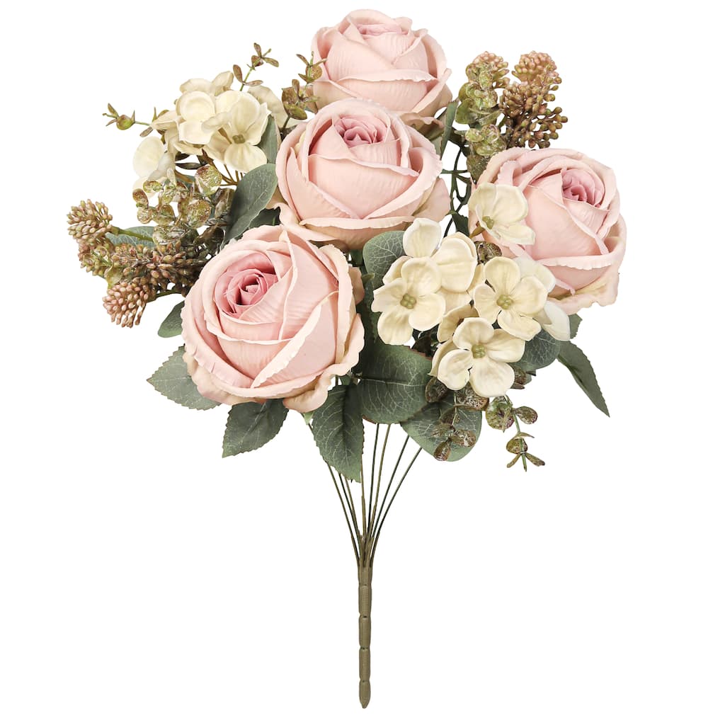 Set of 2 Blush Ivory Artificial Mixed Rose Hydrangea Berry Flower Stem Bush Bouquet 19in - 19" L x 10" W x 10" DP