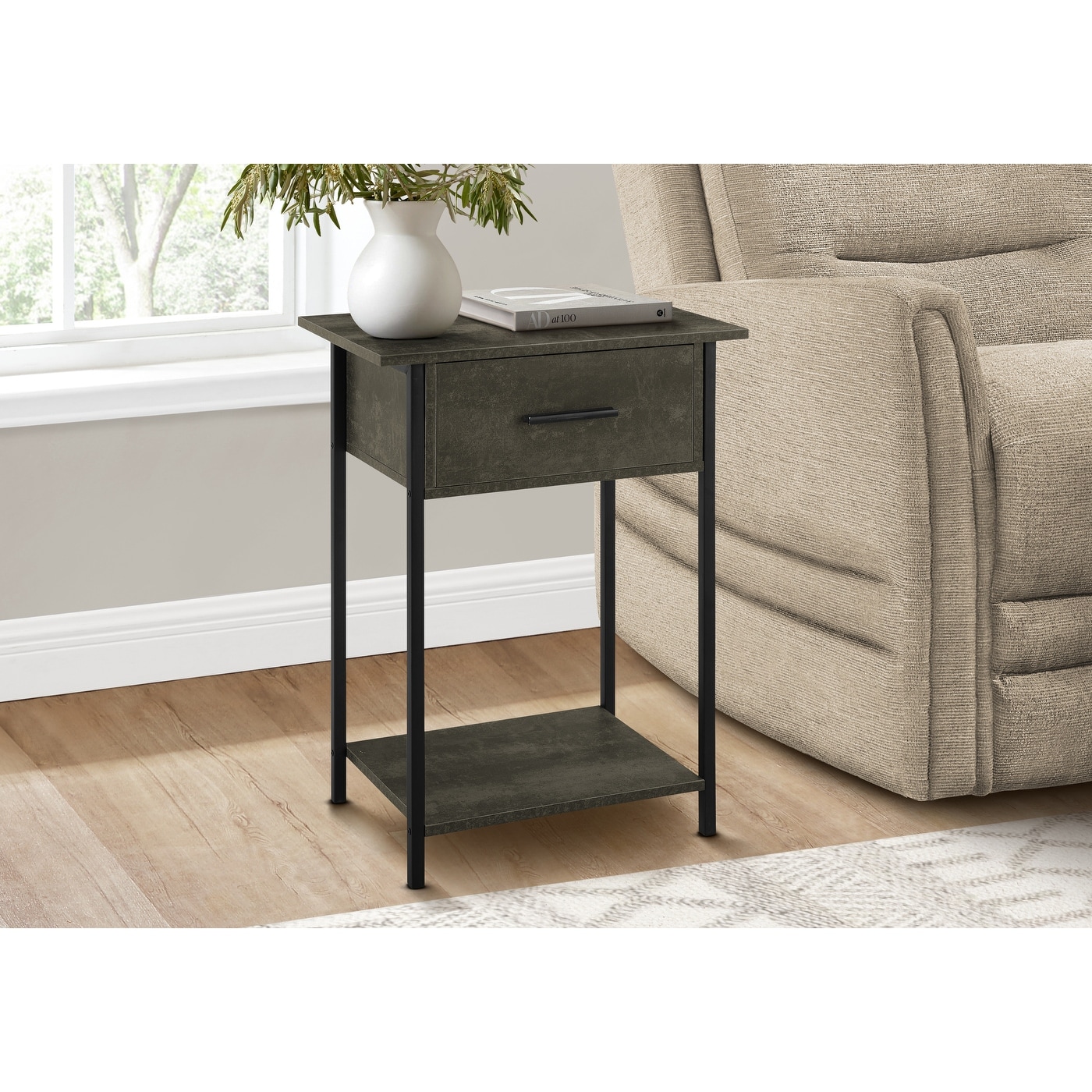 Accent Table, 2 Tier, End, Lamp, Living Room, Side Table, Storage Drawer, Small, Dark Bronze Laminate, Black Metal, Contemporary