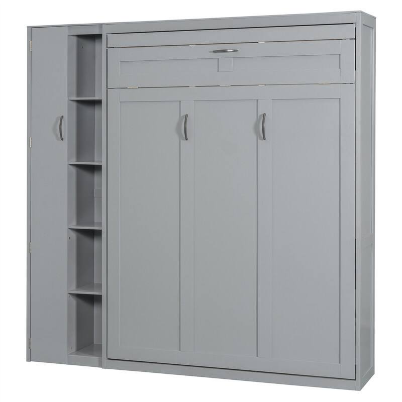 Full/Queen Size Murphy Bed Wall Bed with LED Lights and Storage Cabinet, Foldable Murphy Cabinet Bed with Open Storage Shelves