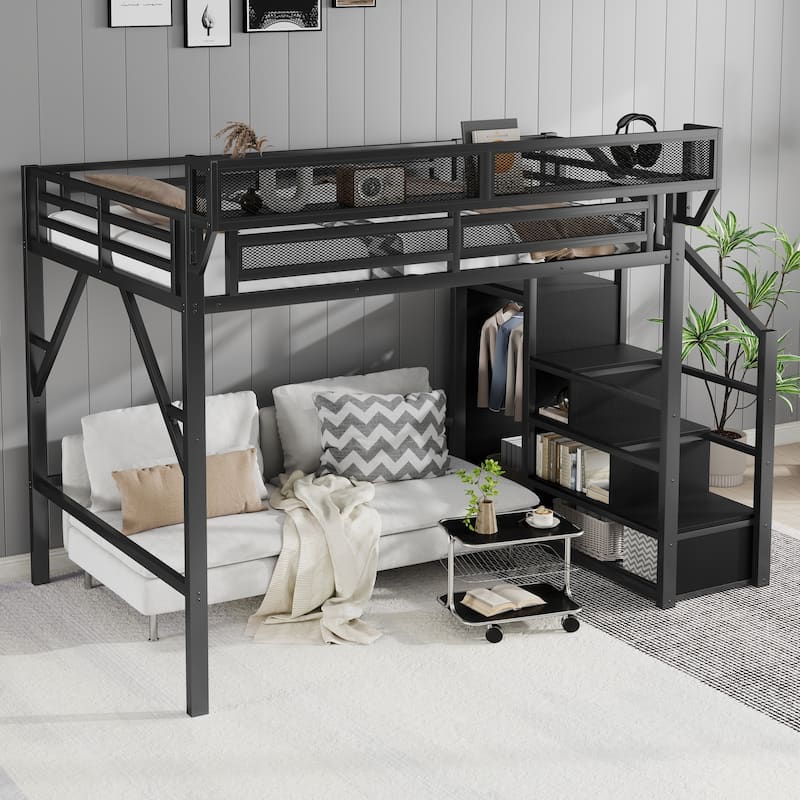 Full Size Loft Bed with Stairs, Metal Full Loft Bed with Storage Shelves, High Loft Bed with Wardrobe for Kids Teens