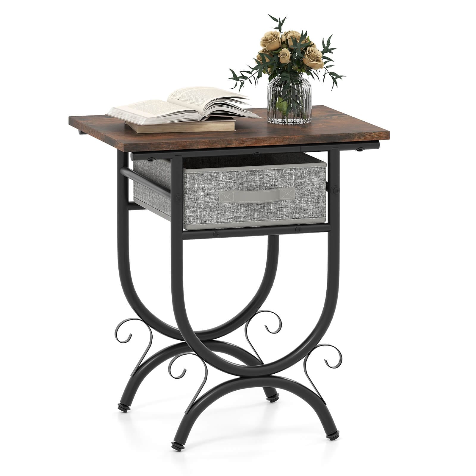 Costway 1/2 PCS Side Table with Fabric Drawer Carved Metal Frame