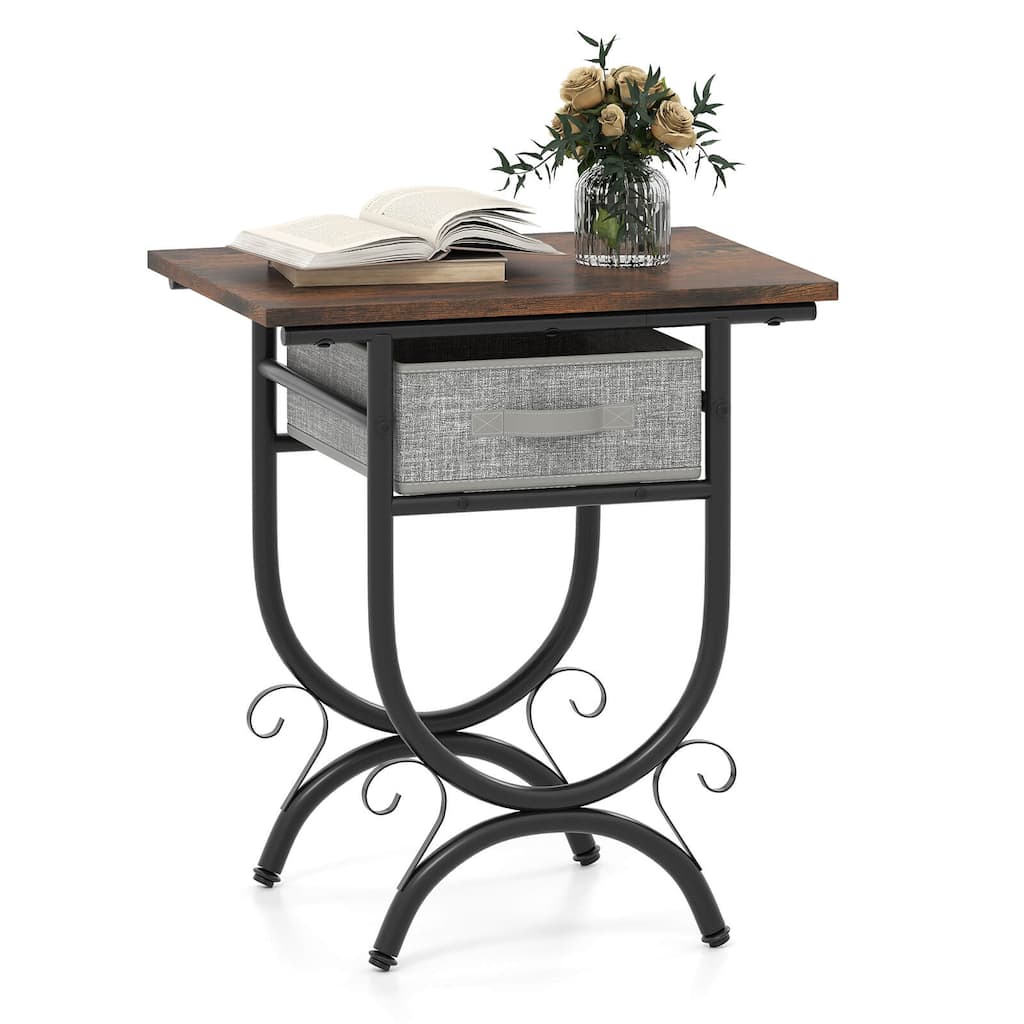 Costway 1/2 PCS Side Table with Fabric Drawer Carved Metal Frame
