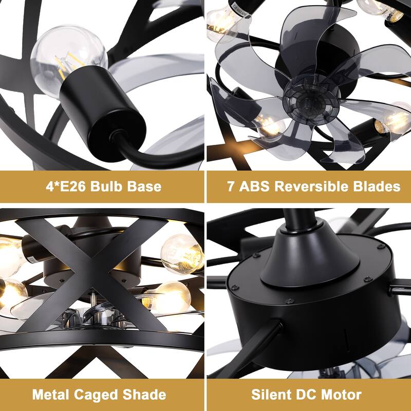 Cusp Barn 20" Farmhouse Caged Ceiling Fan with Lights and Remote, Industrial Black Fandelier, 6-speed Quiet DC Motor Ceiling Fan
