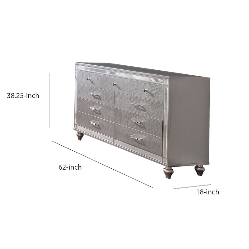 Contemporary Wooden Dresser with 9 Drawers and Turned Legs, Silver