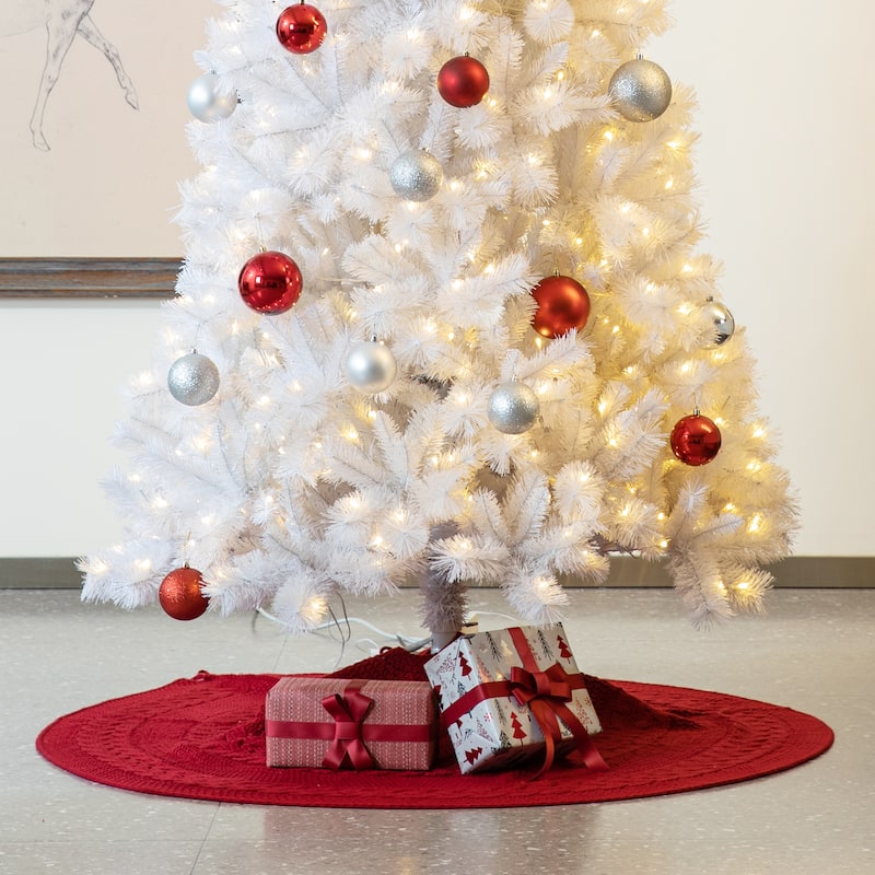 Glitzhome 48"-52"D Knitted Polyester Christmas Tree Skirt - 52"D-Red