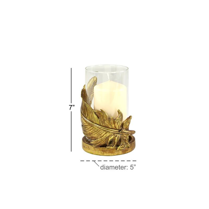 Gold Glass Feather Pillar Bird Hurricane Lamp - 5 x 5 x 8