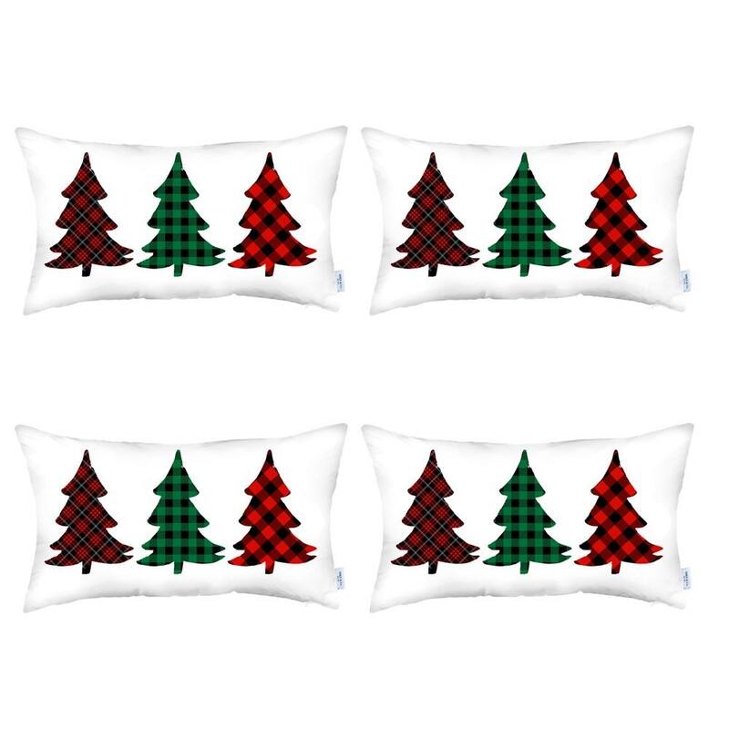 Christmas Tree Trio Plaid Lumbar Throw Pillow