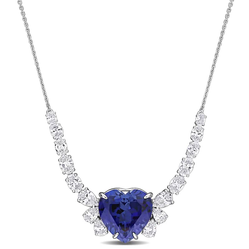 Miadora 12 3/8ct TGW Created Blue Saphire 3 1/7ct TDW Lab-Grown Diamond Necklace 14k White Gold