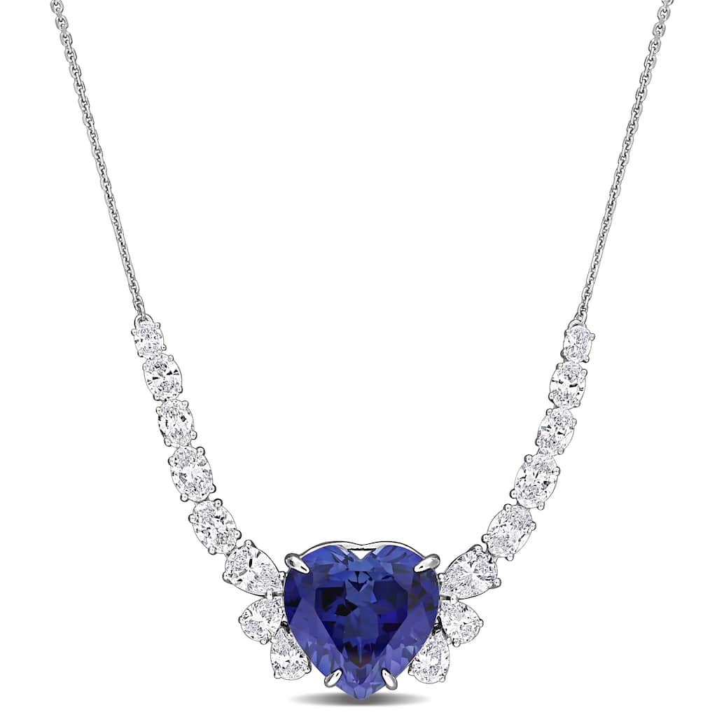Miadora 12 3/8ct TGW Created Blue Saphire 3 1/7ct TDW Lab-Grown Diamond Necklace 14k White Gold