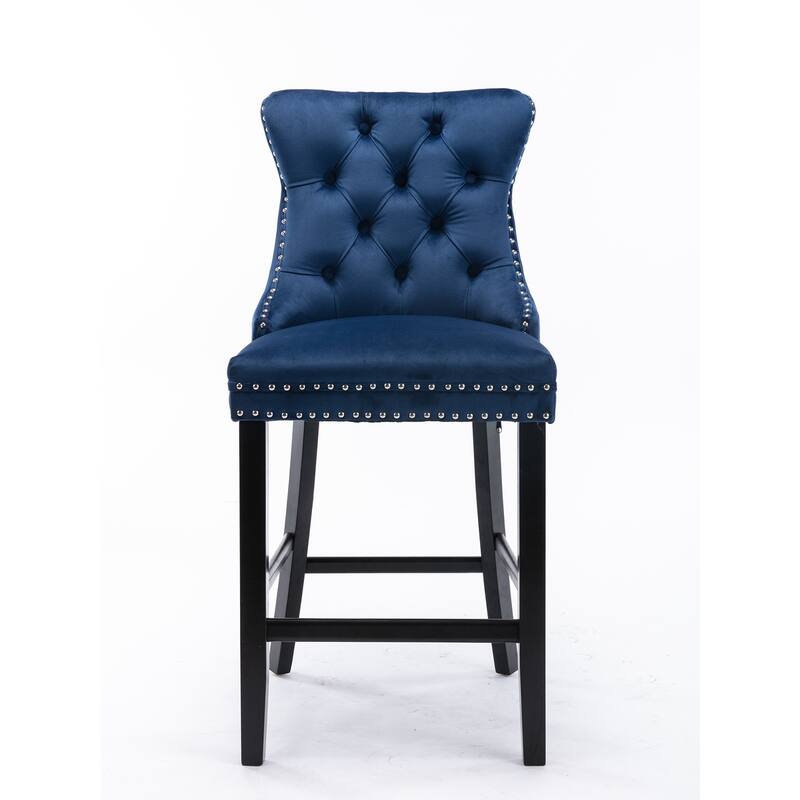 Set of 2 Contemporary Velvet Bar Stools with Button Tufting, Wood Legs & Chrome Nailhead Trim - Leisure Style Bar Chairs - Blue