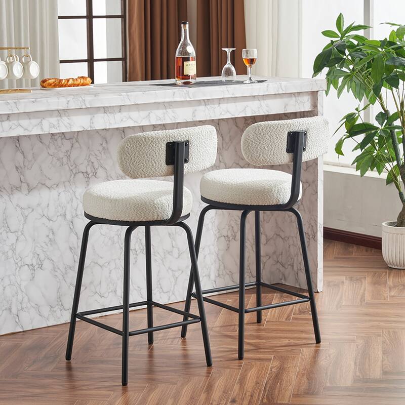 Modern Swivel Bar Stools Set Of 2, Boucle Upholsteredbar Chairs With Metal Legs Footrest, 360° Swivel Barstools