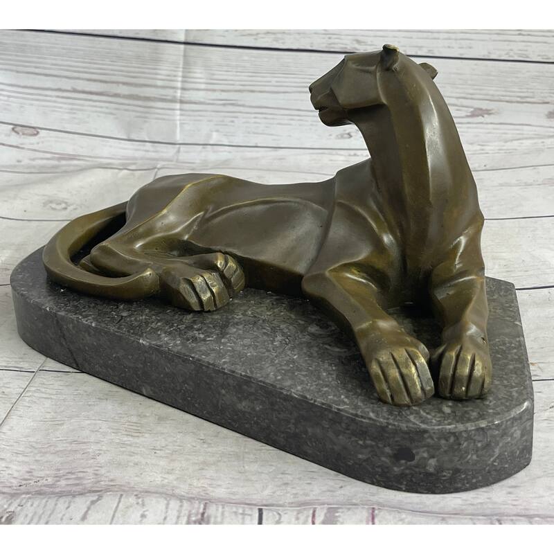 Handcrafted Henry Moore Mountain Lion Bronze Sculpture Marble Base Figurine