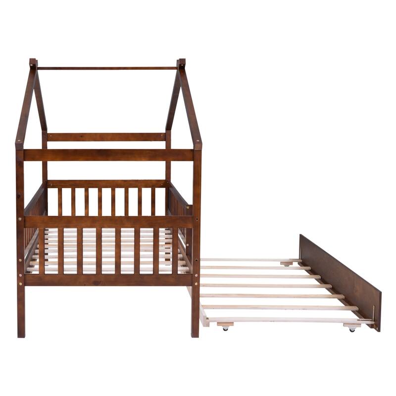 Pine House Bed with Trundle, Guardrail & Roof