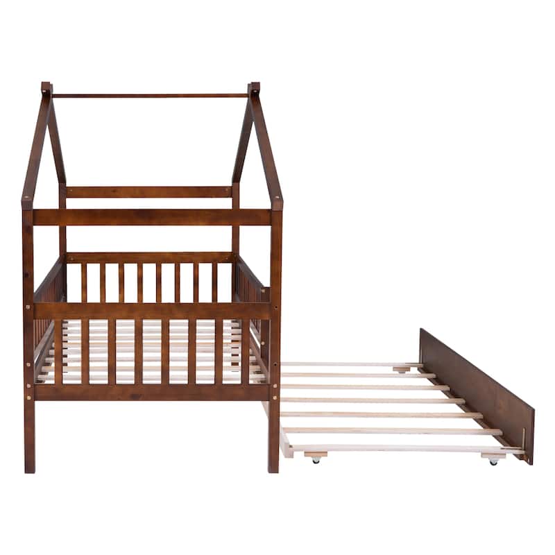 Twin Size House Bed with Trundle, Wooden Playhouse Kids Bed Frame with Roof and Fence, Montessori Style Bed